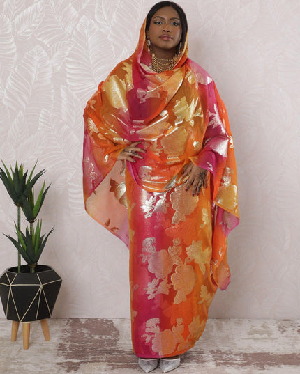 Multicolor Premium pure silk chiffon thobe with same tone metallic lurex in floral design-D16174 Regal Fabrics