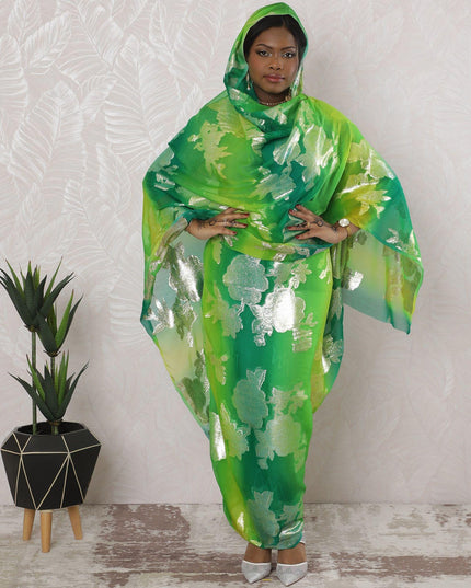 Lime green Premium pure silk chiffon thobe with gold metallic lurex in floral design-D16175