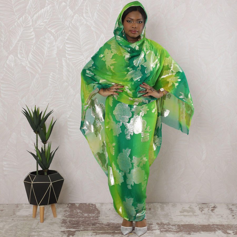 Lime green Premium pure silk chiffon thobe with gold metallic lurex in floral design-D16175