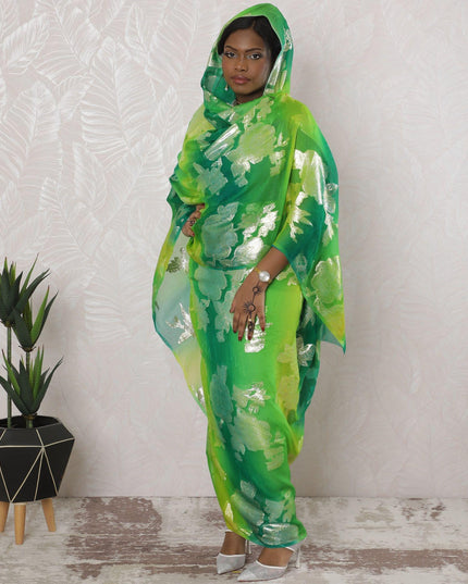 Lime green Premium pure silk chiffon thobe with gold metallic lurex in floral design-D16175