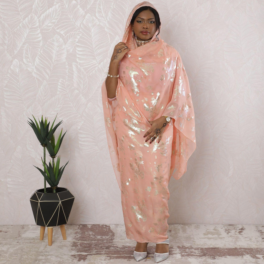 Salmon peach Premium pure silk chiffon thobe with mint green and gold metallic lurex in floral design-D16179