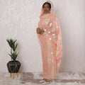 Salmon peach Premium pure silk chiffon thobe with mint green and gold metallic lurex in floral design-D16179
