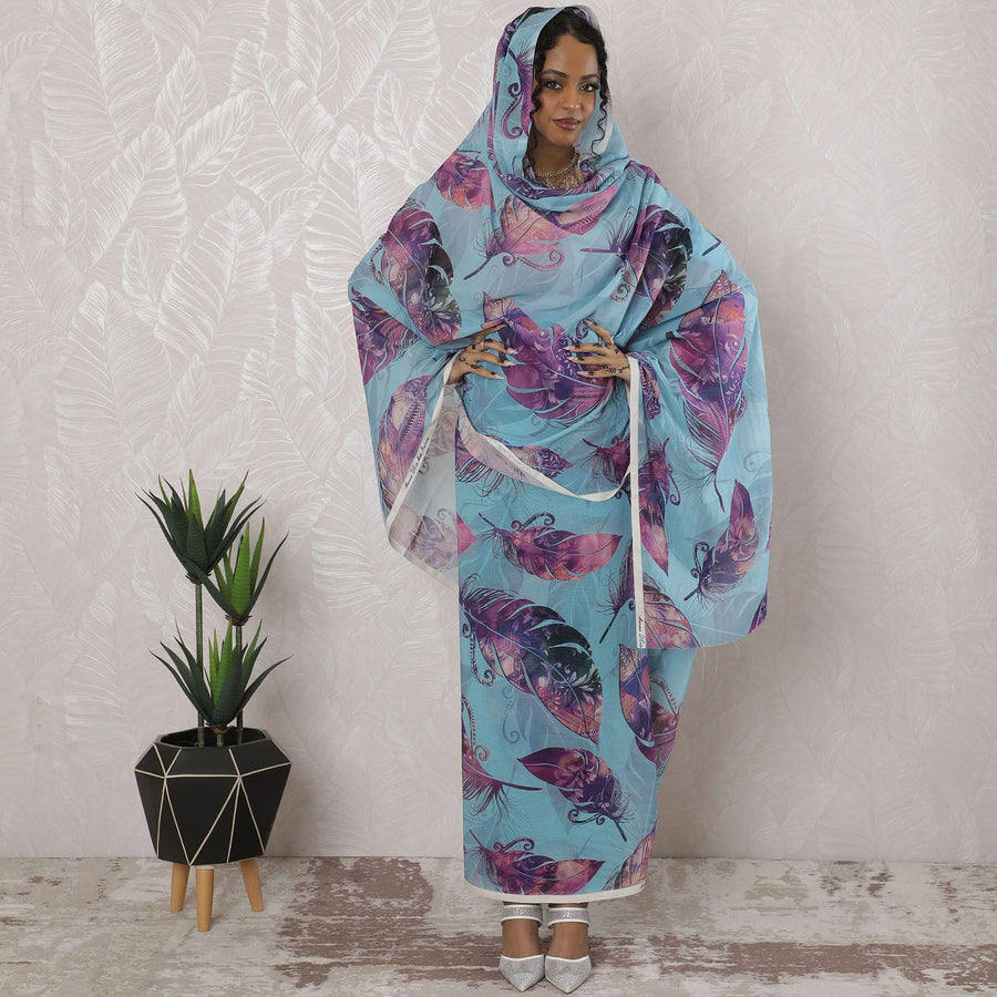 Sky blue Premium pure cotton voile thobe with multicolor print in abstract design-D16183 Regal Fabrics
