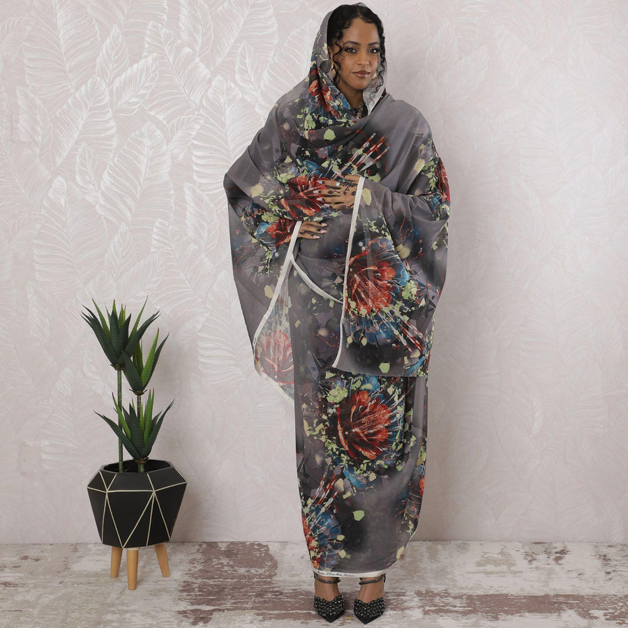 Pale brown Premium pure cotton voile thobe with multicolor print in floral design-D16187