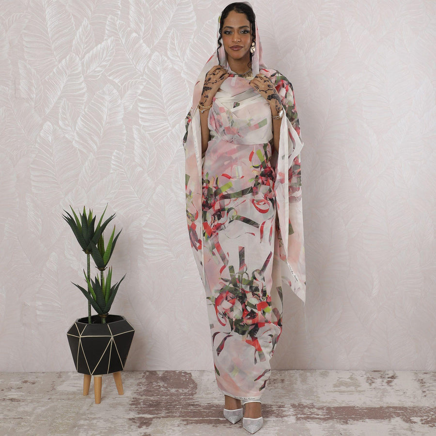 Cream Premium pure cotton voile thobe with multicolor print in abstract design-D16188