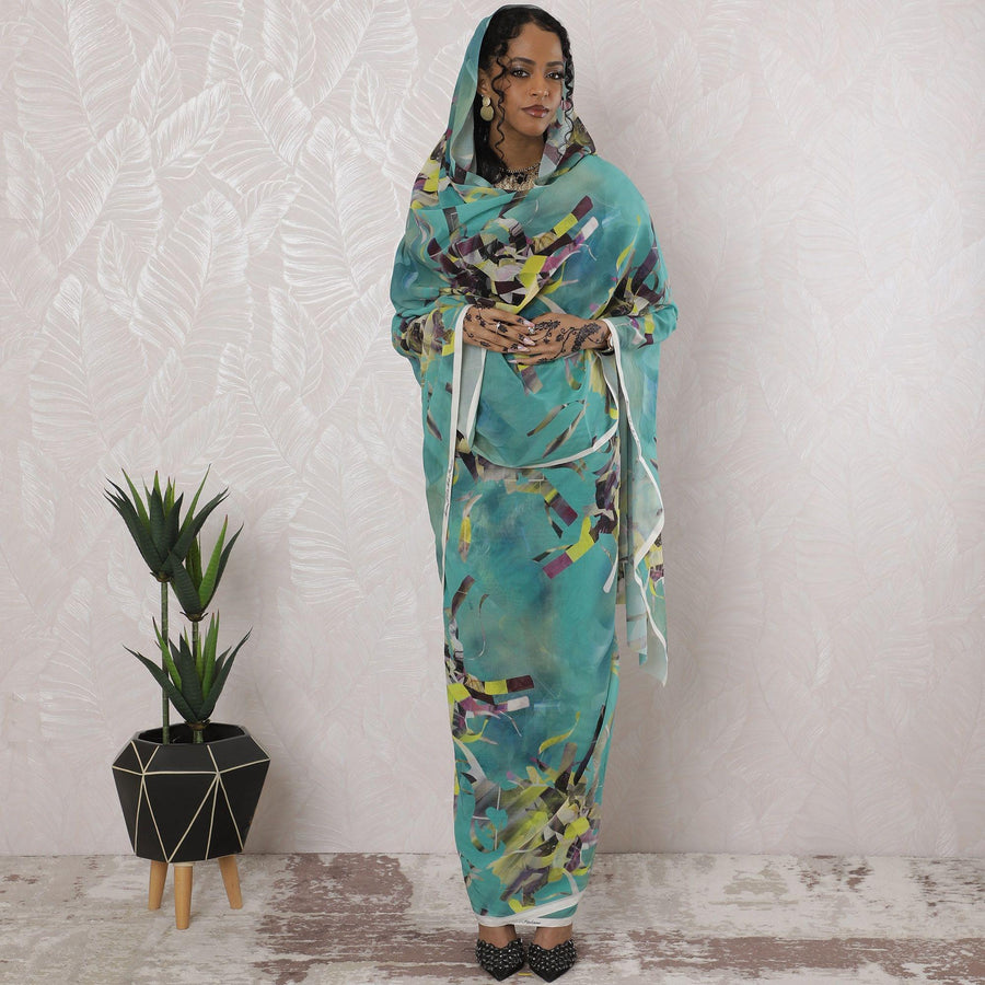 Turquoise blue Premium pure cotton voile thobe with multicolor print in abstract design-D16189 Regal Fabrics