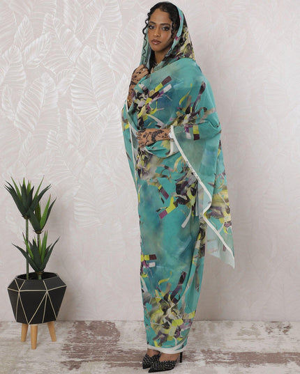 Turquoise blue Premium pure cotton voile thobe with multicolor print in abstract design-D16189 Regal Fabrics