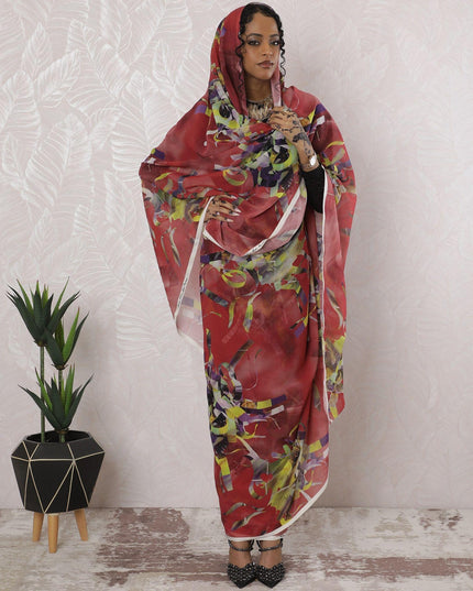 ثوب فوال من القطن الخالص باللون الأحمر القرميدي مع طباعة متعددة الألوان بتصميم تجريدي-D16190