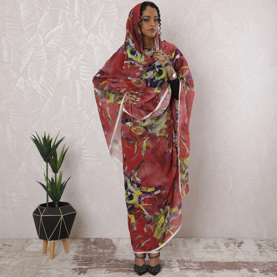 ثوب فوال من القطن الخالص باللون الأحمر القرميدي مع طباعة متعددة الألوان بتصميم تجريدي-D16190