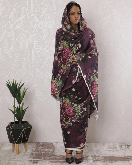 Dark plum Premium pure cotton voile thobe with multicolor print in abstract design-D16191 Regal Fabrics