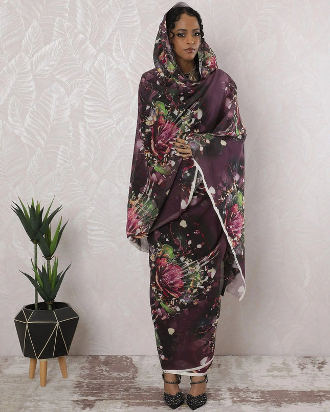 Dark plum Premium pure cotton voile thobe with multicolor print in abstract design-D16191 Regal Fabrics