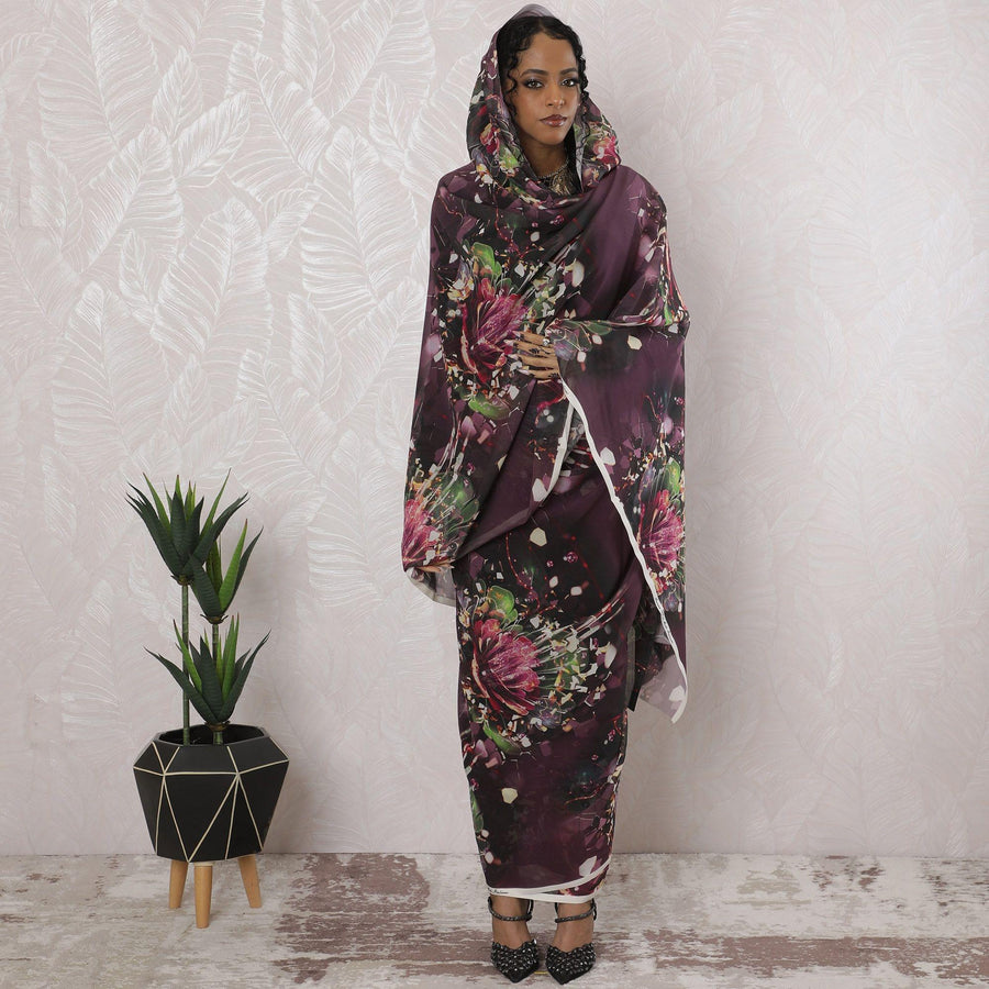 Dark plum Premium pure cotton voile thobe with multicolor print in abstract design-D16191 Regal Fabrics