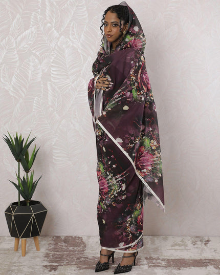 Dark plum Premium pure cotton voile thobe with multicolor print in abstract design-D16191 Regal Fabrics