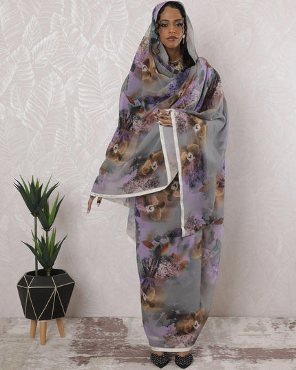 Cloud grey Premium pure cotton voile thobe with multicolor print in floral design-D16193