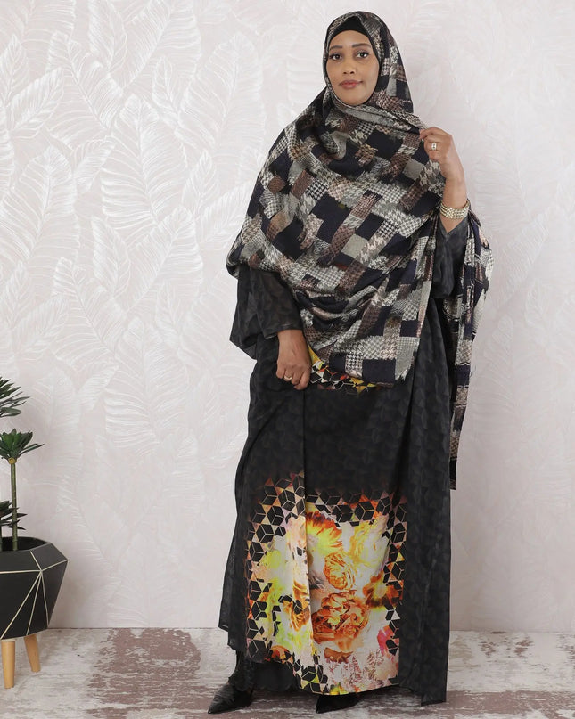 Navy blue Premium pure French (Fransawi) silk chiffon garbasaar with laurel green viscose and copper gold metallic lurex in abstract design-D17132 Regal Fabrics