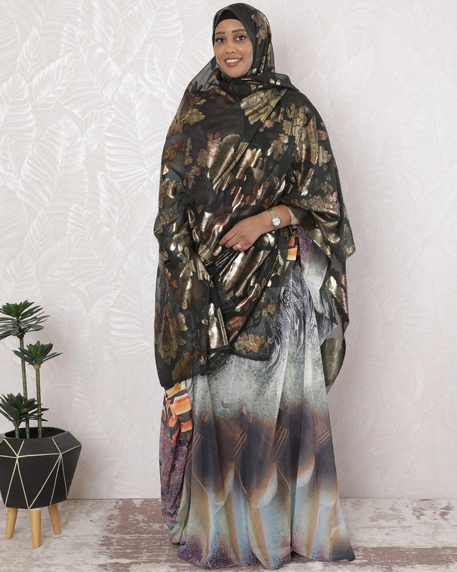 زجاجة خضراء فاخرة من الشيفون الحريري الفرنسي (الفرانساوي) مع لوركس معدني متعدد الألوان بتصميم زهور-D17133