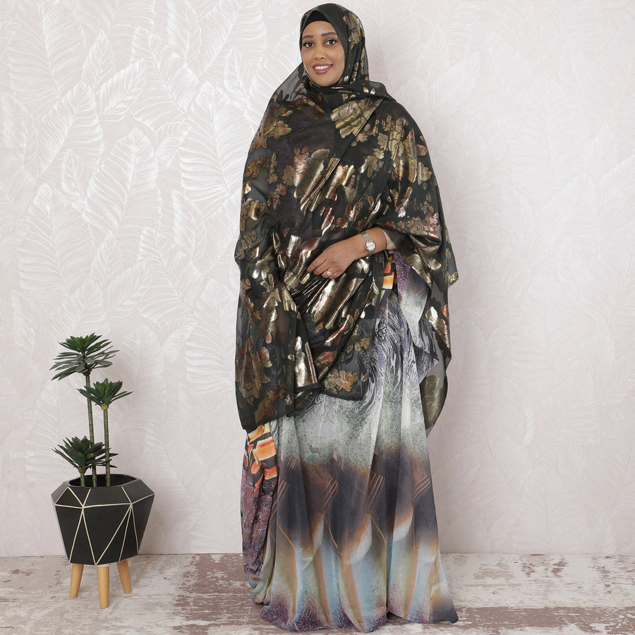 Bottle green Premium pure French (Fransawi) silk chiffon garbasaar with multicolor metallic lurex in floral design-D17133