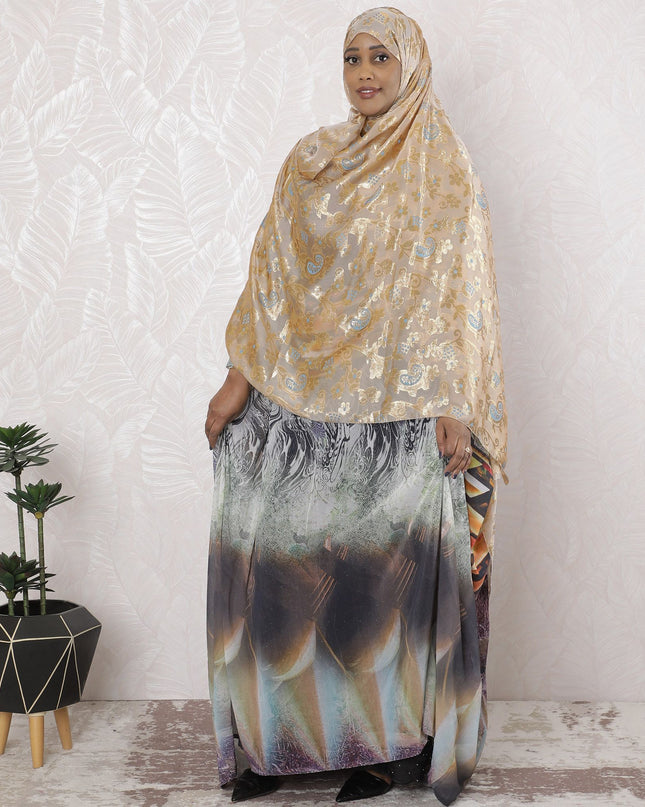 Light gold Premium pure French (Fransawi) silk chiffon garbasaar with baby blue viscose and gold metallic lurex in paisley design-D17136