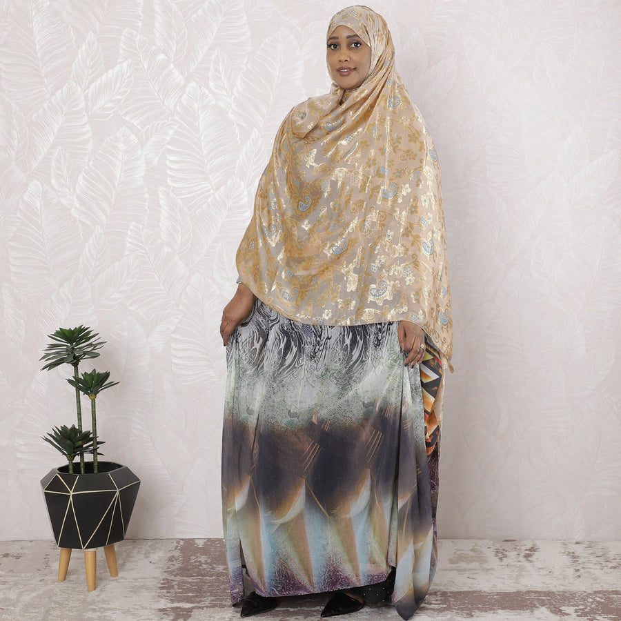 Light gold Premium pure French (Fransawi) silk chiffon garbasaar with baby blue viscose and gold metallic lurex in paisley design-D17136