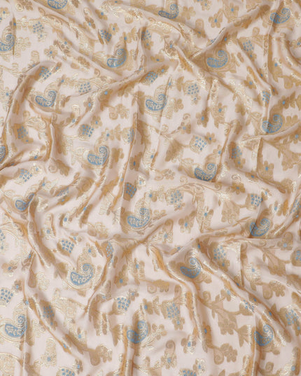 Light gold Premium pure French (Fransawi) silk chiffon garbasaar with baby blue viscose and gold metallic lurex in paisley design-D17136