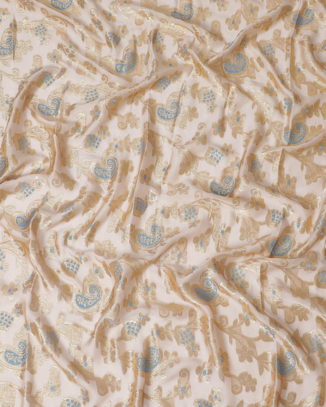 Light gold Premium pure French (Fransawi) silk chiffon garbasaar with baby blue viscose and gold metallic lurex in paisley design-D17136