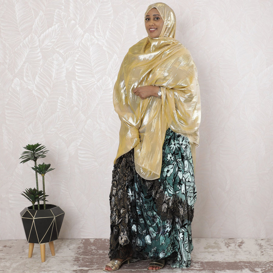 ذهبي فاخر من الشيفون الحريري الفرنسي (الفرانساوي) الفاخر مع لوريكس معدني بنفس اللون بتصميم تجريدي-D17139