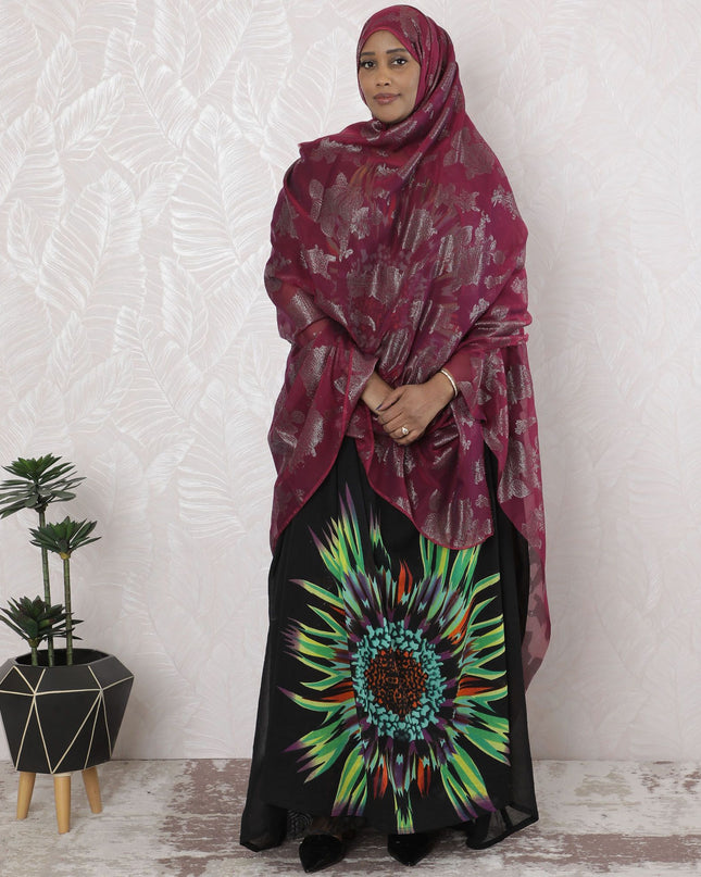 غارباسار من الشيفون الحريري الفرنسي الخالص (الفرانساوي) باللون العنابي مع لوركس معدني فضي بتصميم زهور-D17141