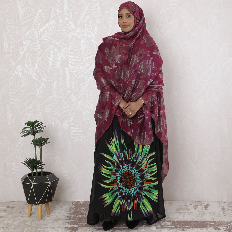 Burgundy Premium pure French (Fransawi) silk chiffon garbasaar with silver metallic lurex in floral design-D17141