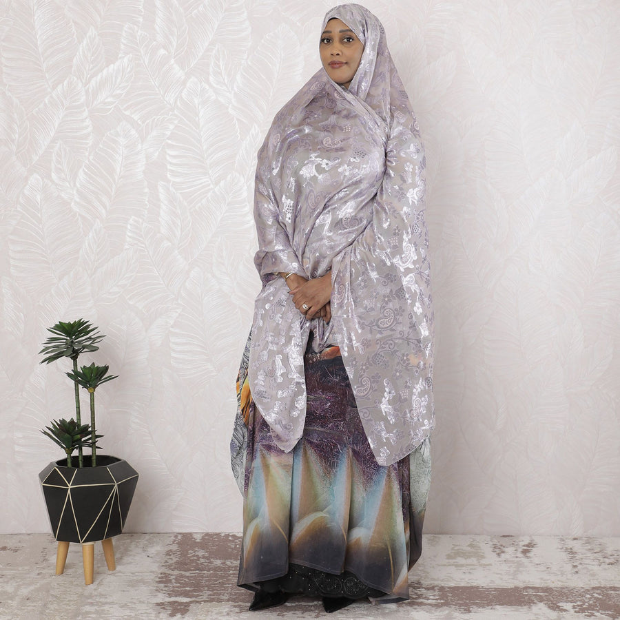 Light lilac Premium pure French (Fransawi) silk chiffon garbasaar with lavender metallic lurex in paisely design-D17146