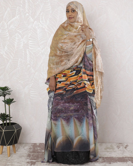 Peach Premium pure French (Fransawi) silk chiffon garbasaar with copper and gold metallic lurex in abstract design-D17147 Regal Fabrics