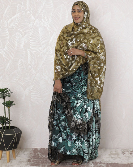 زيتوني داكن فاخر من الحرير الفرنسي النقي (الفرانساوي) من الشيفون مع الفيسكوز الماروني والوركس المعدني الذهبي بتصميم الأزهار-D17148