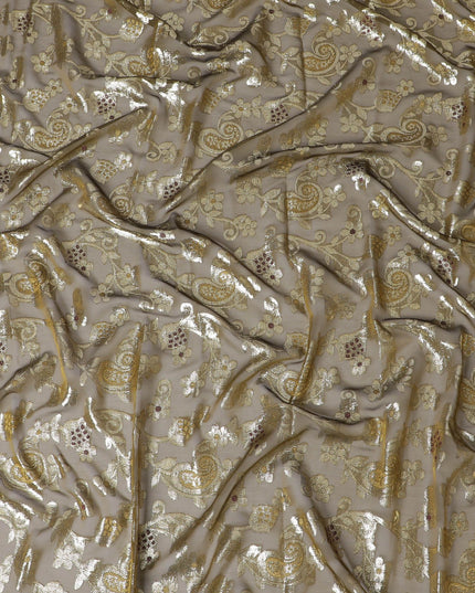 زيتوني داكن فاخر من الحرير الفرنسي النقي (الفرانساوي) من الشيفون مع الفيسكوز الماروني والوركس المعدني الذهبي بتصميم الأزهار-D17148