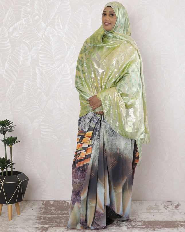 Light sage green Premium pure French (Fransawi) silk chiffon garbasaar with same tone, gold metallic lurex in abstract design-D17149