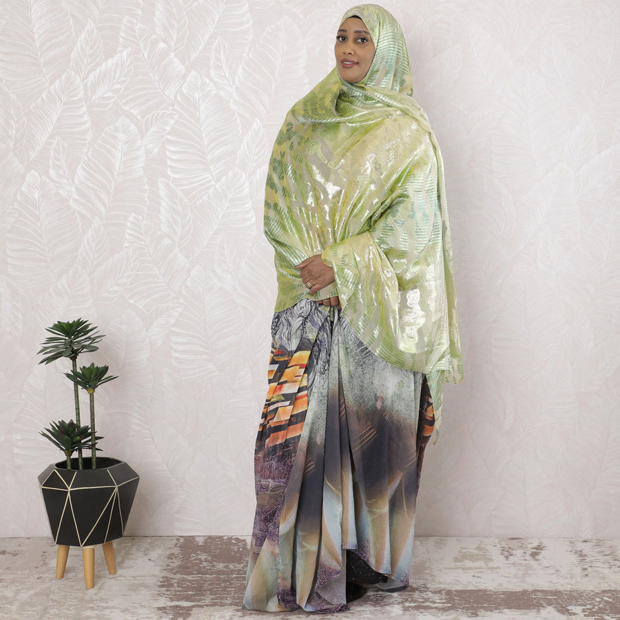 Light sage green Premium pure French (Fransawi) silk chiffon garbasaar with same tone, gold metallic lurex in abstract design-D17149 Regal Fabrics