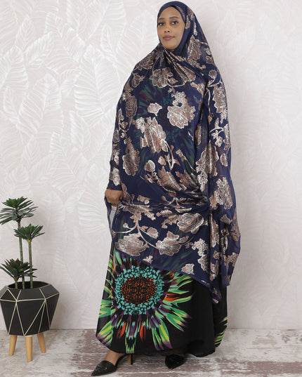 Navy blue Premium pure silk chiffon garbasaar with copper viscose and gold metallic lurex in floral design-D17150 Regal Fabrics