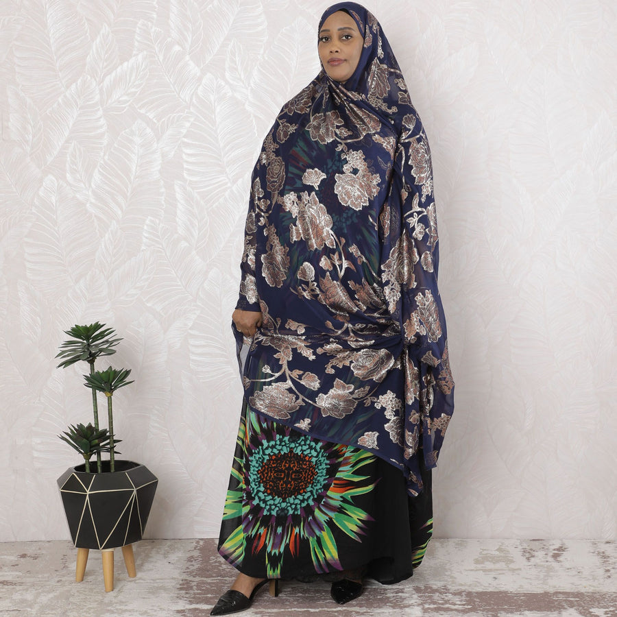 Navy blue Premium pure silk chiffon garbasaar with copper viscose and gold metallic lurex in floral design-D17150 Regal Fabrics