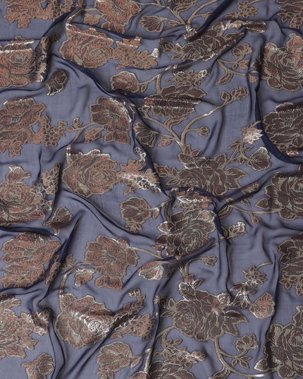 Navy blue Premium pure silk chiffon garbasaar with copper viscose and gold metallic lurex in floral design-D17150 Regal Fabrics