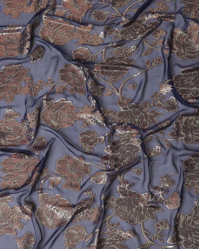 Navy blue Premium pure silk chiffon garbasaar with copper viscose and gold metallic lurex in floral design-D17150 Regal Fabrics