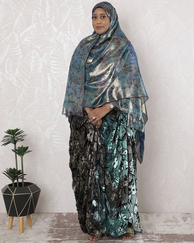 Blue Premium pure silk chiffon garbasaar with brown print in abstract design-D17151
