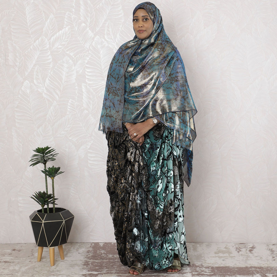 Blue Premium pure silk chiffon garbasaar with brown print in abstract design-D17151