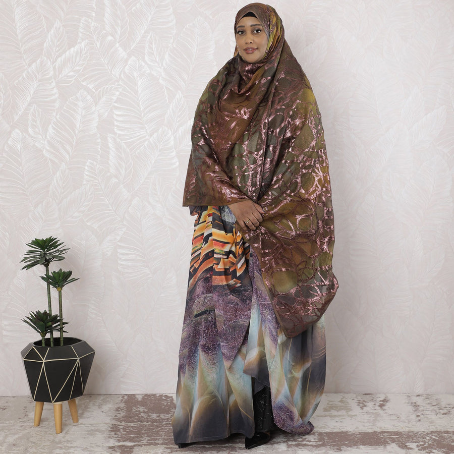 Multicolor Premium pure silk chiffon garbasaar with copper metallic lurex in abstract design-D17153 Regal Fabrics