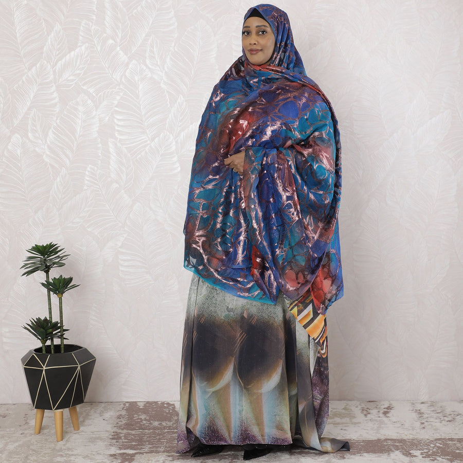 Multicolor Premium pure silk chiffon garbasaar with copper metallic lurex in abstract design-D17154 Regal Fabrics