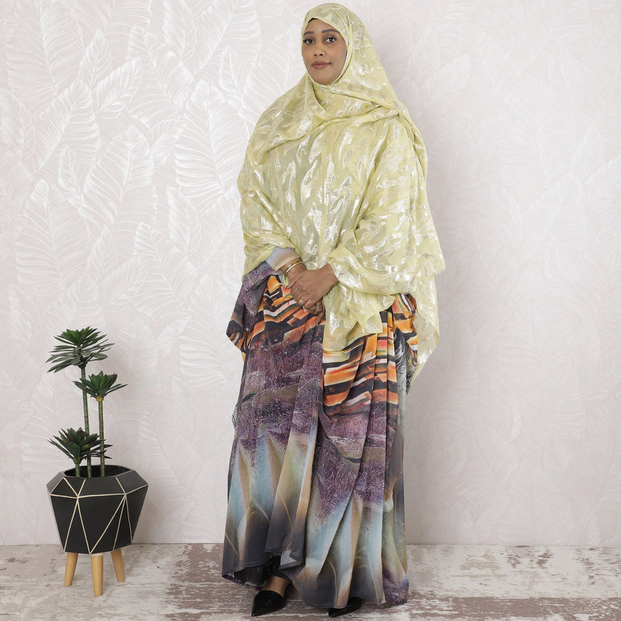 قماش غارباسار من الشيفون الحريري الخالص باللون الأصفر الكتاني مع اللوريكس المعدني الذهبي بتصميم تجريدي-D17156