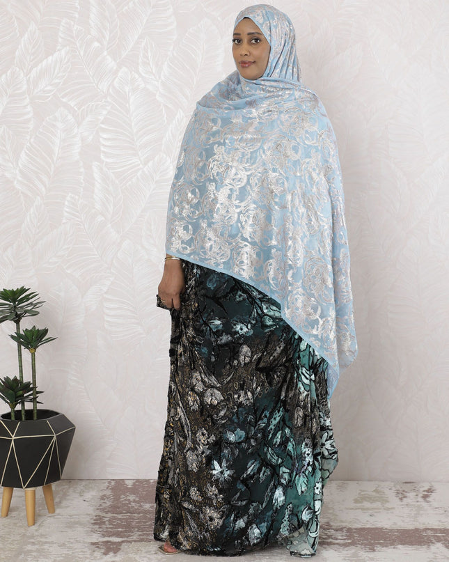 Baby blue Premium pure silk chiffon garbasaar with gold and silver metallic lurex in abstract design-D17160