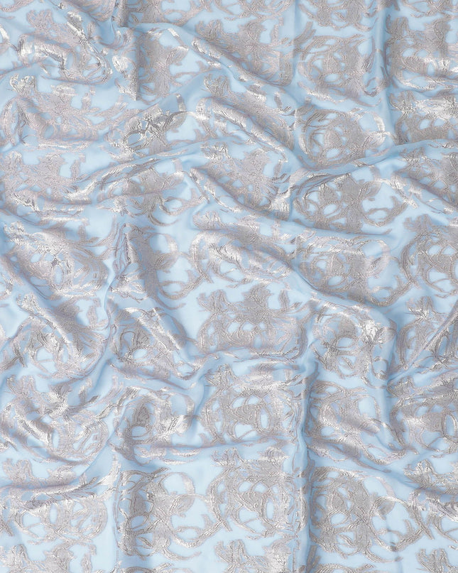 Baby blue Premium pure silk chiffon garbasaar with gold and silver metallic lurex in abstract design-D17160
