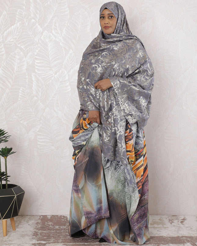 عملة رمادية فاخرة من الشيفون الحريري الخالص مع لوريكس معدني ذهبي وفضي بتصميم تجريدي-D17162