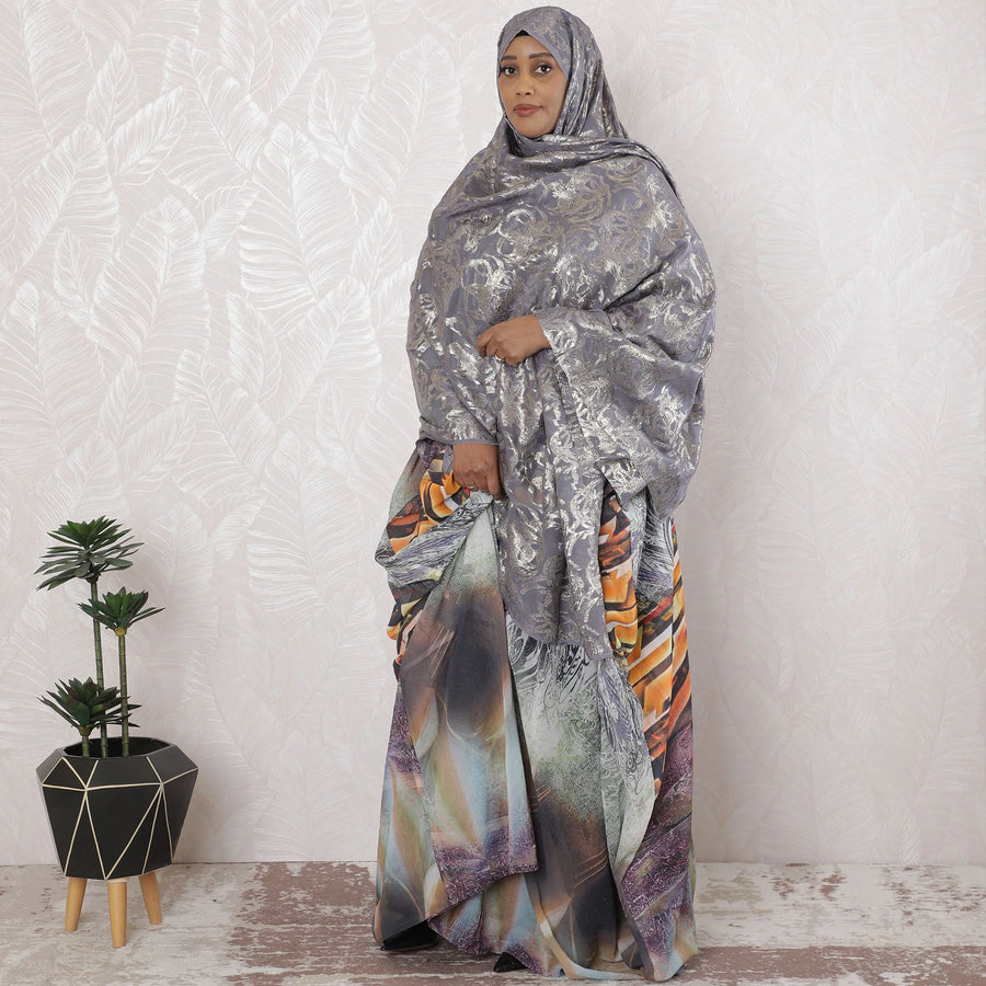 Coin grey Premium pure silk chiffon garbasaar with gold and silver metallic lurex in abstract design-D17162