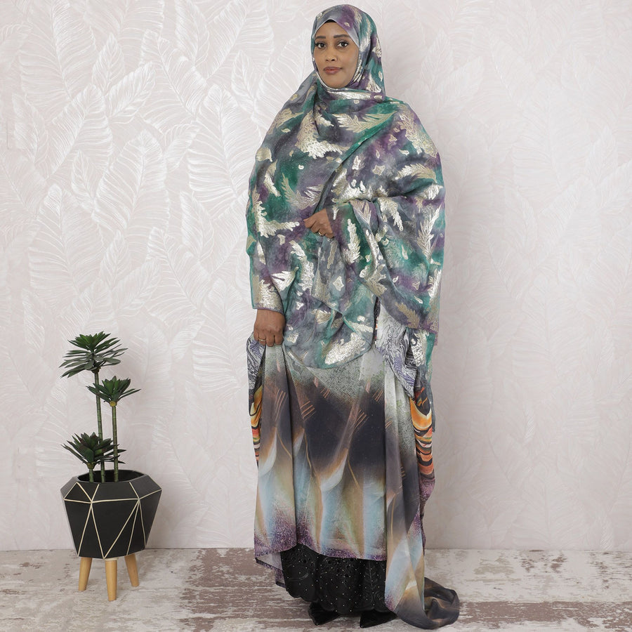 Multicolor Premium pure silk chiffon garbasaar with gold metallic lurex in Leaf design-D17164