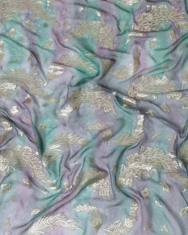 Multicolor Premium pure silk chiffon garbasaar with gold metallic lurex in Leaf design-D17164 Regal Fabrics