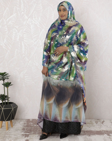Multicolor Premium pure silk chiffon garbasaar with gold metallic lurex in Leaf design-D17165 Regal Fabrics